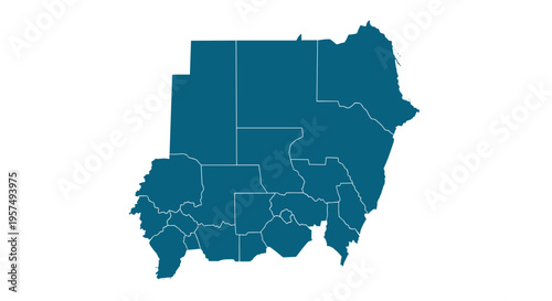 Turquoise map outline of sudan divided into administrative regions on a white