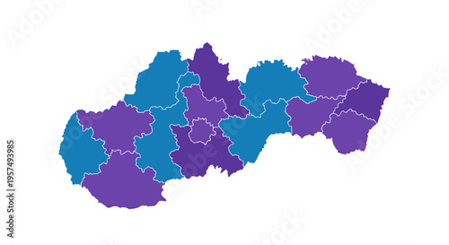 Slovakia map divided into regions with different color shades of blue and purple