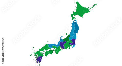 Colorful map of japan divided into regions with various shades of green blue