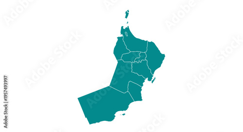 Turquoise map silhouette of oman divided into regions with white background