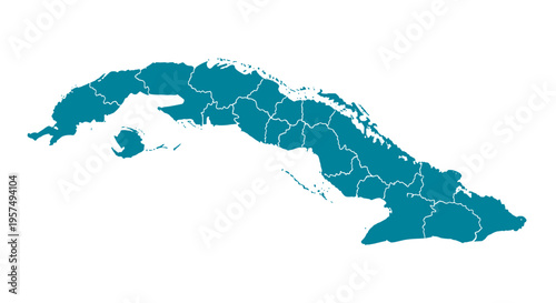 Turquoise outline map of cuba with internal provincial borders on white background