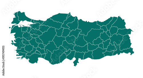 Teal administrative map of turkey with provincial borders clearly defined on white