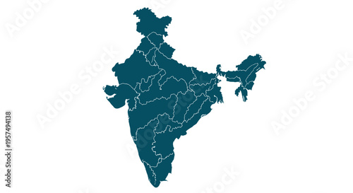 Teal india map outline with internal state borders on white background vector