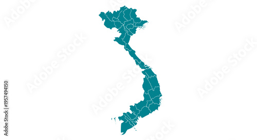 Teal outline map of vietnam with internal administrative divisions and islands