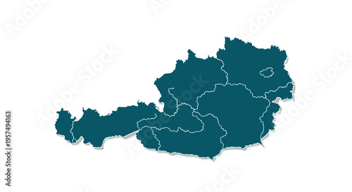 Teal outline map of austria with internal administrative divisions on a white