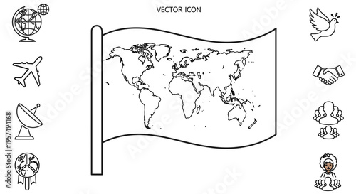 Waving world map flag with global travel and communication icons on white