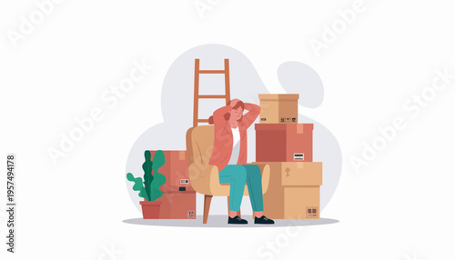 Overwhelmed person struggling with the stress of moving, surrounded by cardboard boxes, facing the daunting task of unpacking and settling into a new home environment