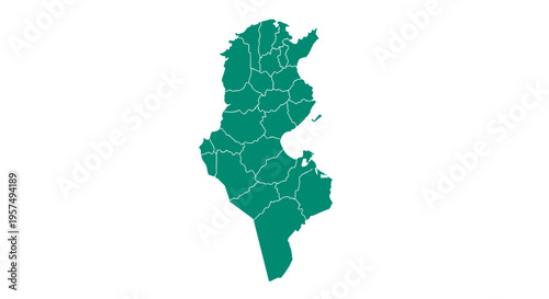 Teal tunisia map silhouette with internal administrative divisions on white