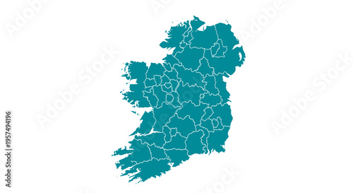 Teal map of ireland divided into administrative regions with detailed borders