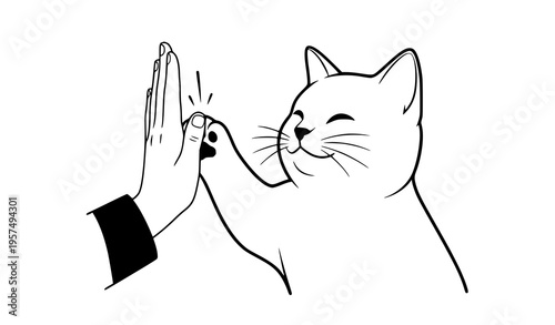 Εκτύπωση καμβά Minimal cat high five vector illustration side view human hand interaction isola