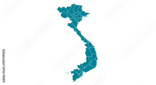Teal map outline of vietnam divided into administrative regions with white