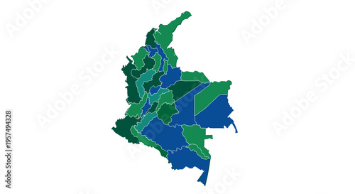Stylized map of colombia divided into regions with varying shades of green