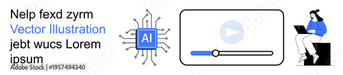 AI development, digital tech, online education, automation, multimedia, innovation. Circuit board with AI, video player woman with laptop. AI development and digital technology showcased