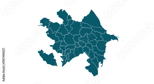 Teal azerbaijan map outline divided into regions and districts on white background