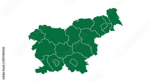 Green outline map of slovenia with internal regions clearly delineated on white