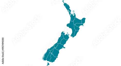 Teal outline map of new zealand divided into regions and islands on white