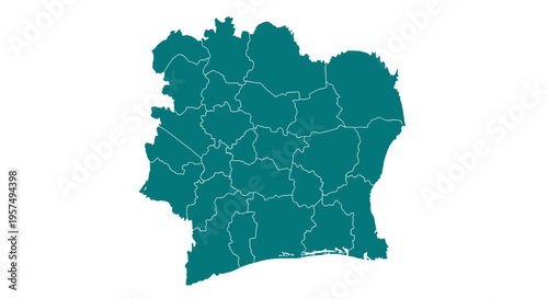 Teal map outline of ivory coast divided into administrative regions isolated