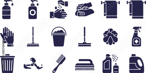Hygiene and Hand Washing Icon Set featuring Liquid Soap Dispensers, Paper Towels, Protective Gloves, Trash Cans, and Sanitation Supplies for Public Health