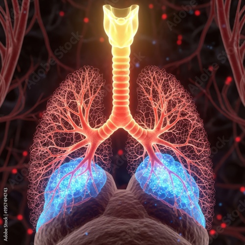 A detailed 3d medical visualization showing human lungs with glowing blue infection or inflammation