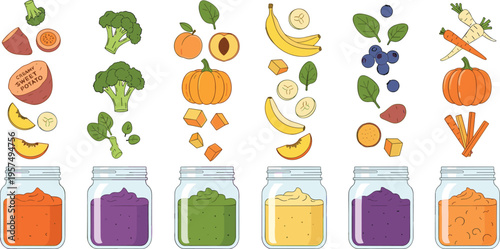 Assorted Organic Baby Food Jars with Vertically Falling Ingredients including Broccoli, Banana, Pumpkin, Blueberry, and Sweet Potato for Healthy Child Nutrition and Canning Designs