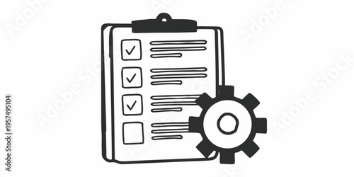 Project checklist icon with gear symbol. Task management and workflow control concept for business planning, process execution, productivity systems