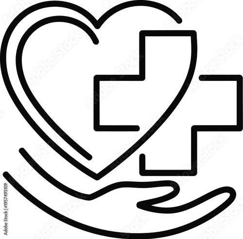 Healthcare and medical assistance symbol with heart and cross symbol integration