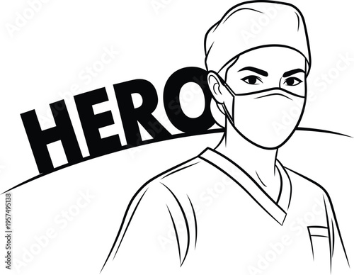 A stylized black and white illustration of a masked hero figure with a bold hero label.