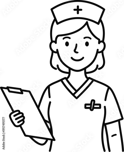 Nurse holding a clipboard with a friendly and professional demeanor in a simple line drawing