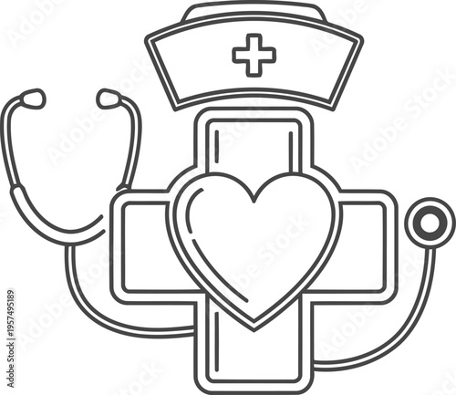Medical professional icon featuring a stethoscope, heart, and nurse cap