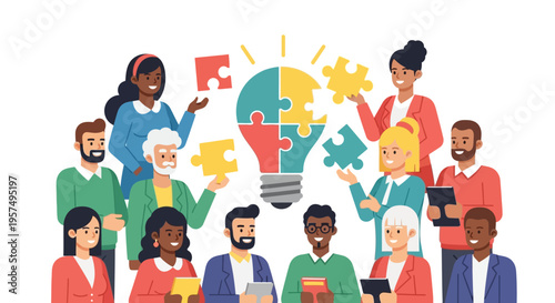 Diverse Team Collaborating on Innovation and Idea Generation with Puzzle Piece Lightbulb - Business Problem Solving and Collective Intelligence