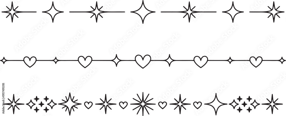 Fototapeta premium Decorative star and heart line art border dividers collection isolated vector illustration