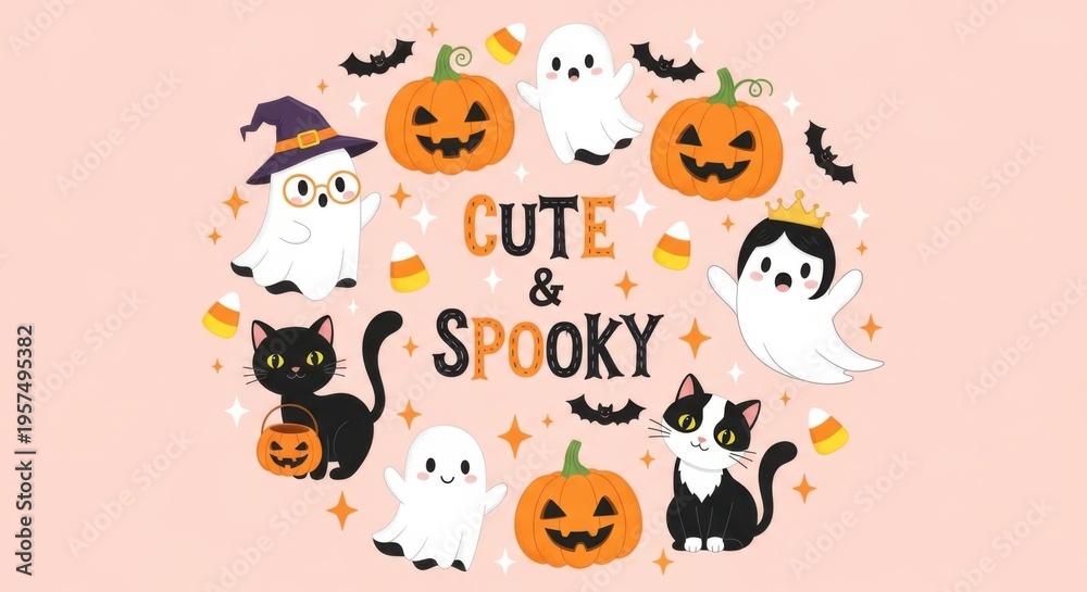 Naklejka premium Cute and spooky halloween decorations with ghosts, cats, and pumpkins on pink background