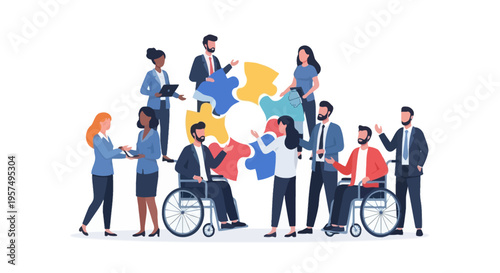 Diverse Business Team Collaboration: Unity, Inclusion, and Problem Solving with Puzzle Pieces