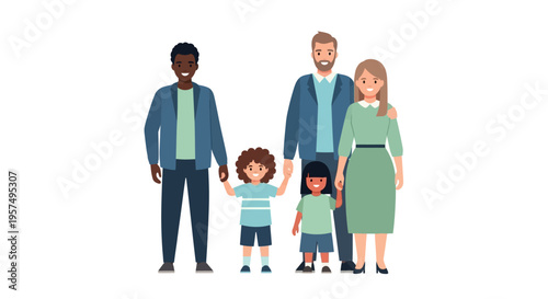 Happy Diverse Family Portrait: Two Men, One Woman, and Two Children Holding Hands Illustration
