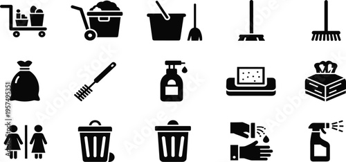 Public Janitorial and Sanitation Amenity Icon Set with Restroom Facilities, Waste Bins, Hand Washing, and Cleaning Service Supplies