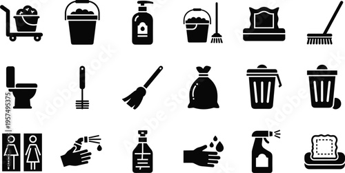 Public Sanitation and Restroom Maintenance Icon Set featuring Toilet Facilities, Waste Disposal, Hand Hygiene, Janitorial Carts, and Cleaning Supplies