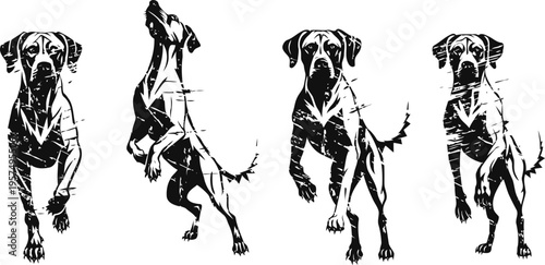 Silhouettes of running dog in various dynamic jumping and airborne poses