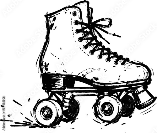 Vintage roller skate with four wheels in black ink sketch classic recreational footwear for skating and sports