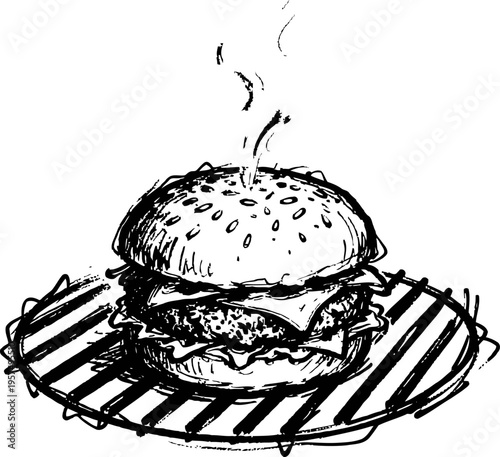 Hand drawn cheeseburger with lettuce and tomato on grill plate, hot fresh burger illustration