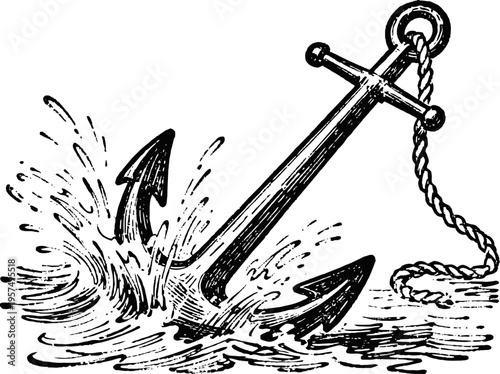 Vintage anchor sinking into water with splashing waves and floating rope detailed illustration