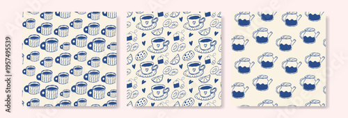 Three blue tea-themed patterns on cream backgrounds, perfect for design projects