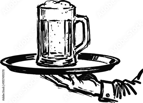 Hand holding tray with frothy beer mug illustration vintage serving drink concept