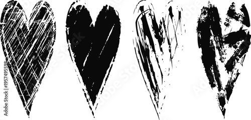 Grunge hearts set with distressed texture hand drawn black heart shapes in artistic rough