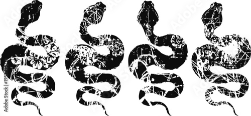 Grunge snake silhouettes in various coiled poses with distressed textured design