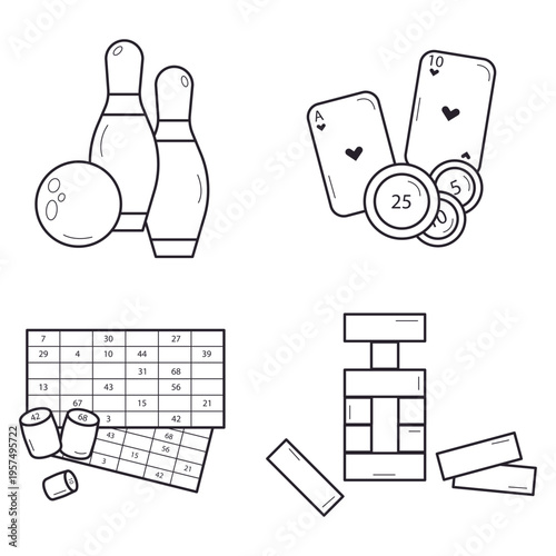 Vector set of linear black and white illustrations of board games