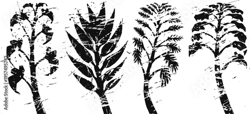 Silhouettes of four tropical palm trees with detailed fronds and textured trunks