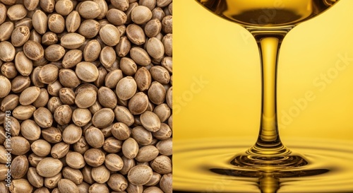 Hemp seeds and golden liquid in a wine glass against a bright background