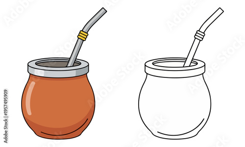 Yerba Mate Gourd and Bombilla Straw Illustration Set