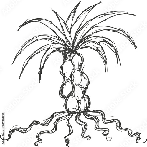 hand drawn illustration of a dragon fruit cactus with long leaves and sprawling roots