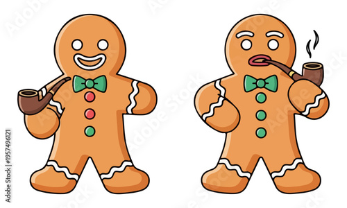 Gingerbread man characters smoking pipe vector illustration